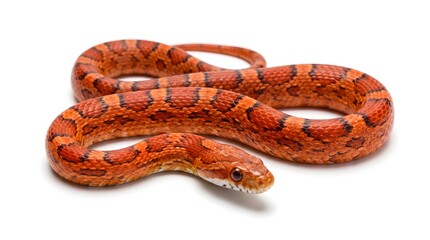 Fototapeta premium Orange corn snake in S-shaped pose isolated on white background. Vibrant reptile pet with red and black patterned skin for exotic animal concept.