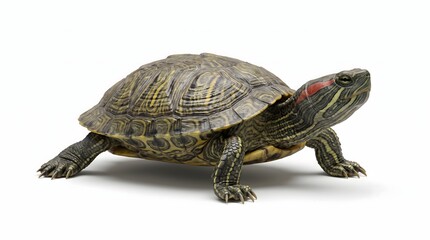 Obraz premium Red-eared slider turtle isolated on white background. Fresh-water turtle with patterned shell and red stripe on head, ideal for aquatic pet concept.
