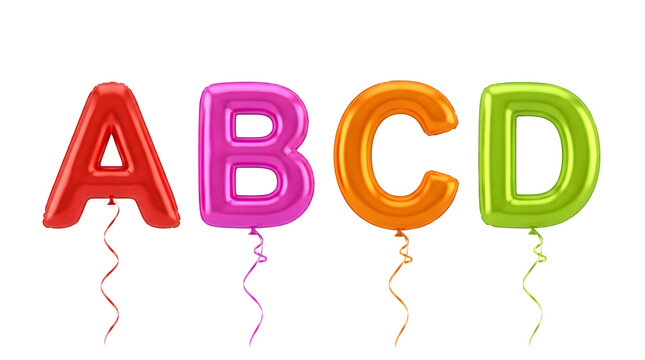 Colorful abcd balloon letters with ribbons on transparent background.