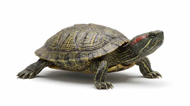 Red-eared slider turtle isolated on white background. Fresh-water turtle with patterned shell and red stripe on head, ideal for aquatic pet concept.