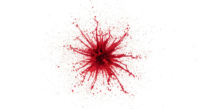 Red paint splash isolated on white. Dynamic liquid explosion with droplets and spray.
