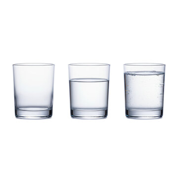 Three identical clear glass tumblers (empty, half-full, full of pristine water refraction) on transparent background, copy space. Concept of progression