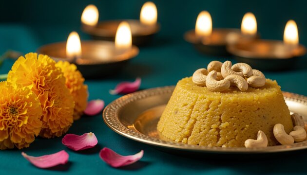 Traditional Indian pongal dish in bowl with flowers and candles. Festive food for celebrating Navratri, Onam, Pongal, Janmashtami, Ganesh Chaturthi, Dussehra, ... See More