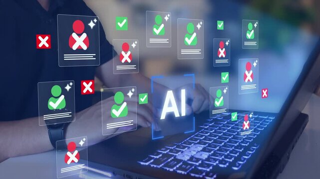 AI recruitment candidate screening automation. Resume filtering artificial intelligence. Hr selection process talent acquisition decision.