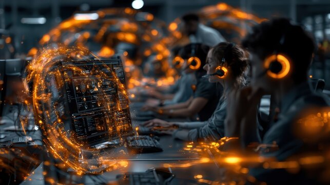 A realistic corporate scene of an IT service desk team using AI tools to support internal users, IT specialists guiding employees through technical issues, intelligent assistant interface on screens, 