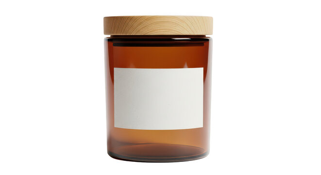 Amber glass candle jar with a cork lid and blank label isolated on transparent background