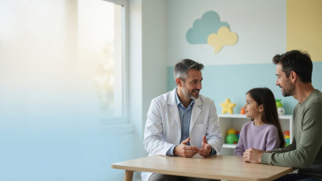 Father daughter pediatrician consultation family clinic doctor child healthcare smiling Father daughter pediatrician consultation family clinic doctor child healthcare smiling meeting bright