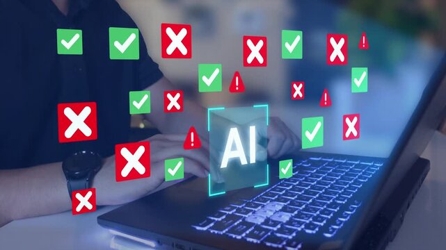 AI risk management and ethics safety concept with checklist and alert icons. Responsible artificial intelligence system through compliance and validation