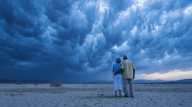 Couple standing together under dramatic clouds.
