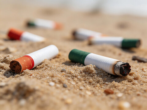 Cigarette butts on sandy beach