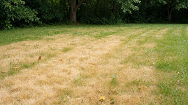 Drought stricken lawn showing patchy brown grass amidst green vegetation in sunny outdoor setting with crisp grass contrasted patches green grass surrounded dense foliage