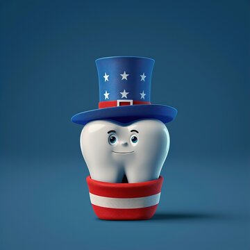 Patriotic dental character. Tooth wearing American hat.