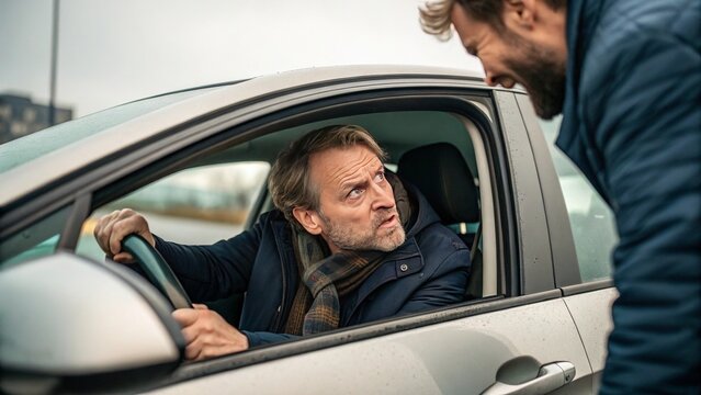 A man awkwardly attempts parallel parking on a narrow city street while his nervous passenger watches closely from the seat.
