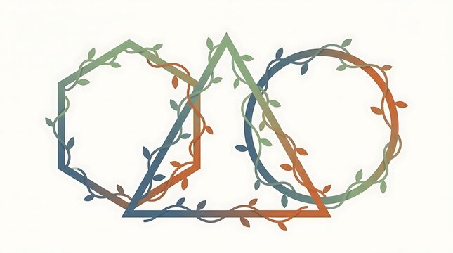 Geometric shapes framed by green and brown leafy vines.