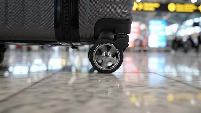 Suitcase wheels rolling at airport terminal. Travel luggage moving on floor in departure hall.