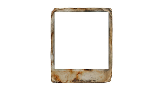 Vintage polaroid frame, distressed instant photo border, aged paper texture with grunge stains, retro photography element for creative design projects isolated on Transparent Background