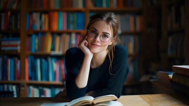 Young woman reading in a library. Student studying with books in a cozy bookstore.