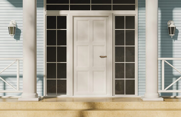 Fototapeta premium Classical house entrance with paneled door, columns, sidelights and lamps in realistic 3D Rendering on blue siding, expressing welcome and elegance