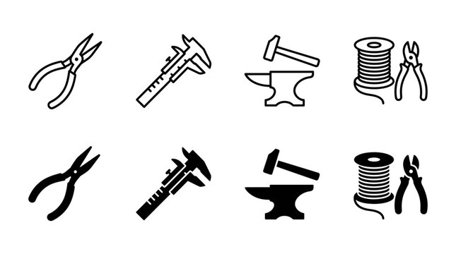 Jewelry making tool icons set featuring pliers caliper anvil and spool goldsmith equipment workshop collection