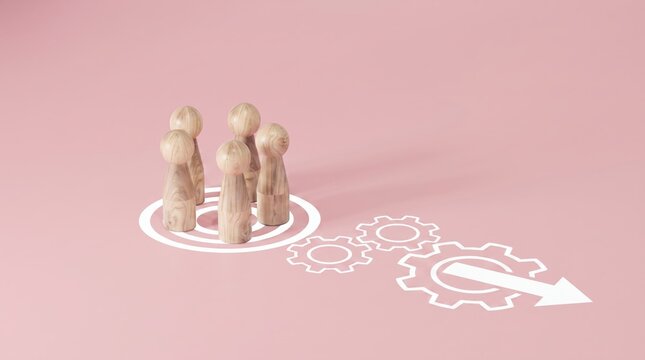Wooden figures standing near gears and arrow on pink background, conceptualizing teamwork, process management, and strategic business development goals.