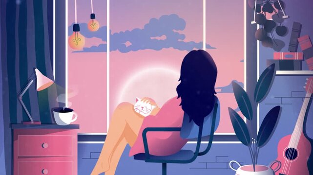 Young Woman Sitting by a Window at Night in a Cozy City Cafe with Coffee and Urban Silhouette Cartoon Vector Illustration
