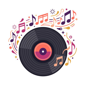 Minimalist black vinyl record disc vector illustration with realistic circular grooves and center label, isolated on white background for music and vintage audio graphic design.