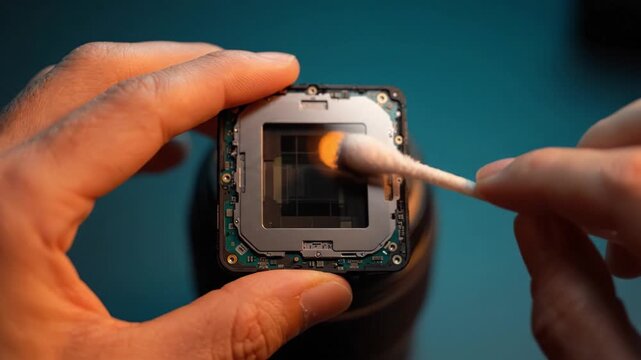 Careful Cleaning of a Camera Sensor Module Using a Cotton Swab to Ensure Optimal Performance and Image Quality in Photography Equipment Maintenance