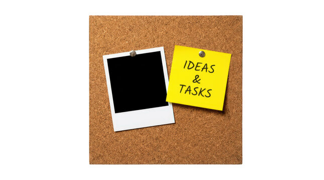 Cork board with Ideas and Tasks note, blank instant photo frame for planning, office organization concept, sticky memo on textured bulletin board isolated on Transparent Background