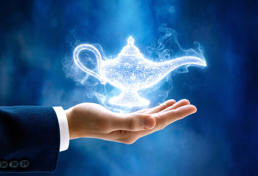 Glowing magic lamp with smoke appearing above an open hand symbolizing wishes and fantasy dreams