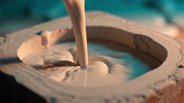 Liquid Material Pouring into a Mold: Capturing the Smooth Flow and Texture of a Crafting Process with Precision and Care in a Well-Defined Setting