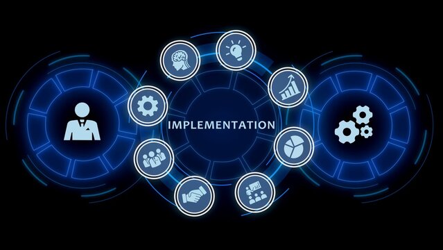 Implementation strategy concept with digital hud interface and business on dark blue background, for project execution, and operational development, and technical integration, and business workflow