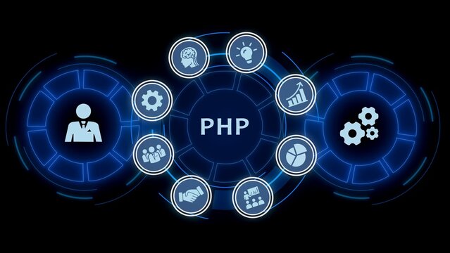 Php programming language conceptual with a central digital interface surrounded by glowing business and technical symbols on a dark background, representing web development, and coding