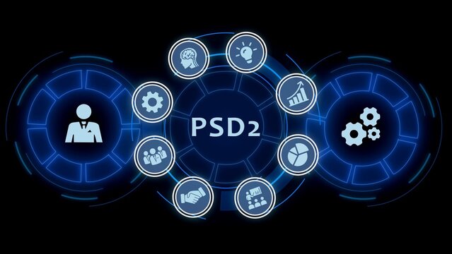 Psd2 payment services directive 2 financial technology concept with digital hud interface and business on dark blue background, for banking security, and data protection, systems and regulations