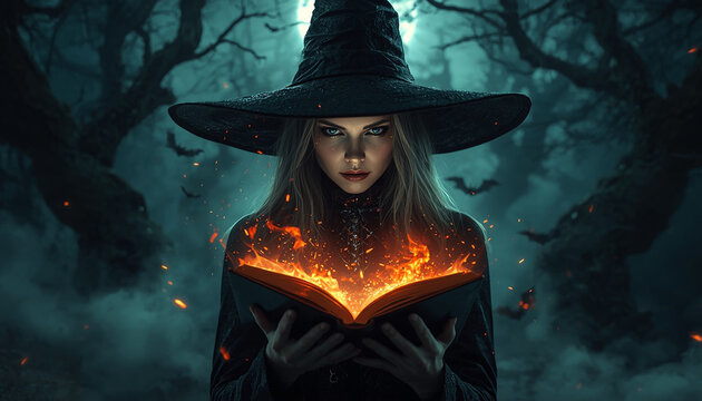 Mystical witch holding glowing magic book in dark forest, beautiful sorceress with pointed hat casting spells, cinematic fantasy halloween scene