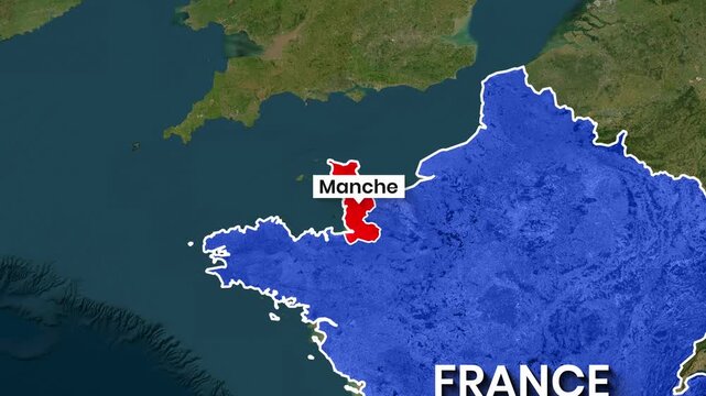 Animated map footage highlighting the Manche region of France