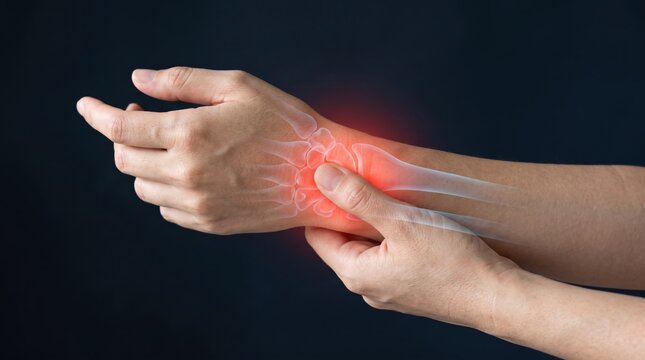 Close-up of hands holding a painful wrist with red glow indicating inflammation, overlaid with X-ray bone structure showing joint pain, arthritis symptoms, carpal tunnel syndrome