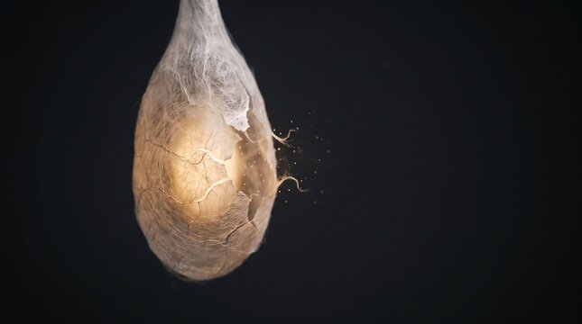 Abstract glowing cocoon with intricate web structure on dark background