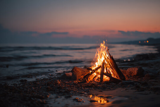 Coastal Campfire Glow: A warm campfire crackles on a sandy beach at dusk, with gentle waves lapping at the shore under a serene twilight sky, creating a peaceful and inviting atmosphere.