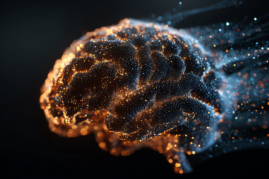 Abstract Brain Power: A glowing, particulate brain structure emits trails of light and energy, symbolizing thought, intelligence, and the dynamic nature of the mind.