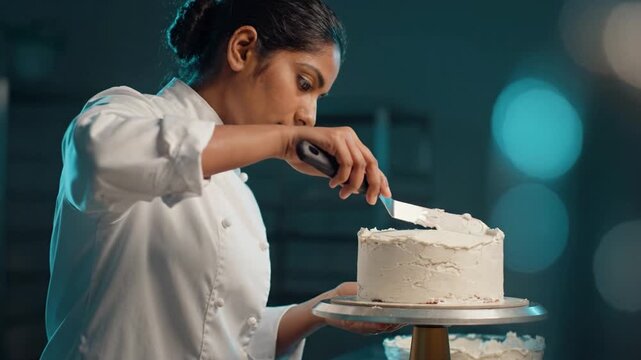 A skilled pastry chef meticulously decorates a white cake in a serene kitchen setting, showcasing her attention to detail and passion for baking artistry.