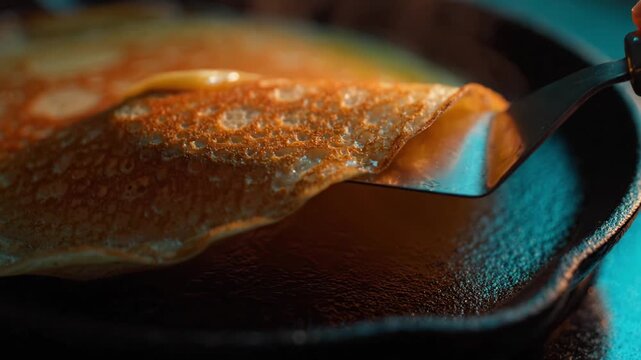 Deliciously Golden Pancakes Prepared on a Black Skillet, Highlighting the Perfectly Melted Butter on Top as Breakfast Delights Awaiting Enjoyment