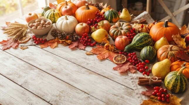 Autumn harvest pumpkins and gourds on wood
