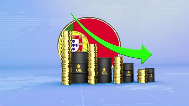 Portugal Oil Prices Decline with Oil Barrels, Gold Coins and Downward Green Arrow, 3D Economic and Financial Market Concept