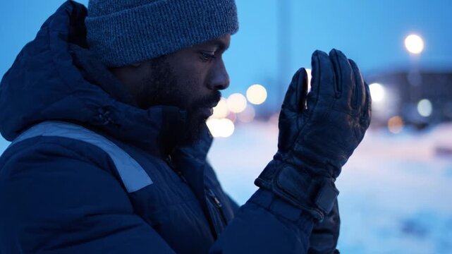 A contemplative individual in a winter setting, dressed warmly in a jacket and hat, reflecting against a backdrop of softly glowing city lights at dusk.