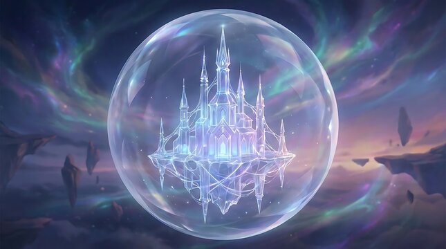 Magical fantasy castle inside a floating translucent bubble.