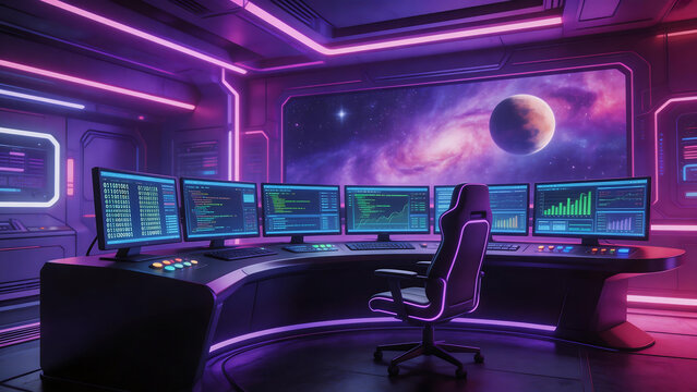 Futuristic control room with space view