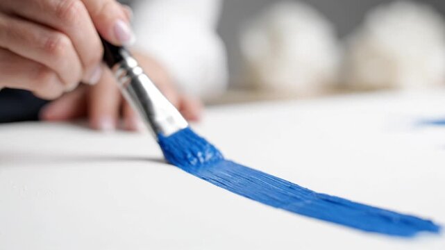 Artistic Expression Through Brushstrokes: Capturing the Process of Applying Blue Paint on Canvas in an Engaging and Creative Artistic Setting