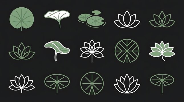 Minimalist lotus flower and leaf line icons