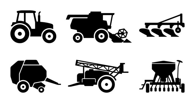 Farm Equipment Icons: Tractor, Combine Harvester, Plow, Baler, Sprayer, Seeder Vector Set
