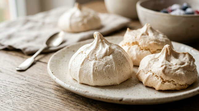 Delicate Meringue Cookies on Rustic Plate, Soft Lighting Food Photography